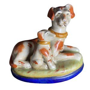 Staffordshire Dog Spaniel Dog with Puppy Figural Group Russet and White